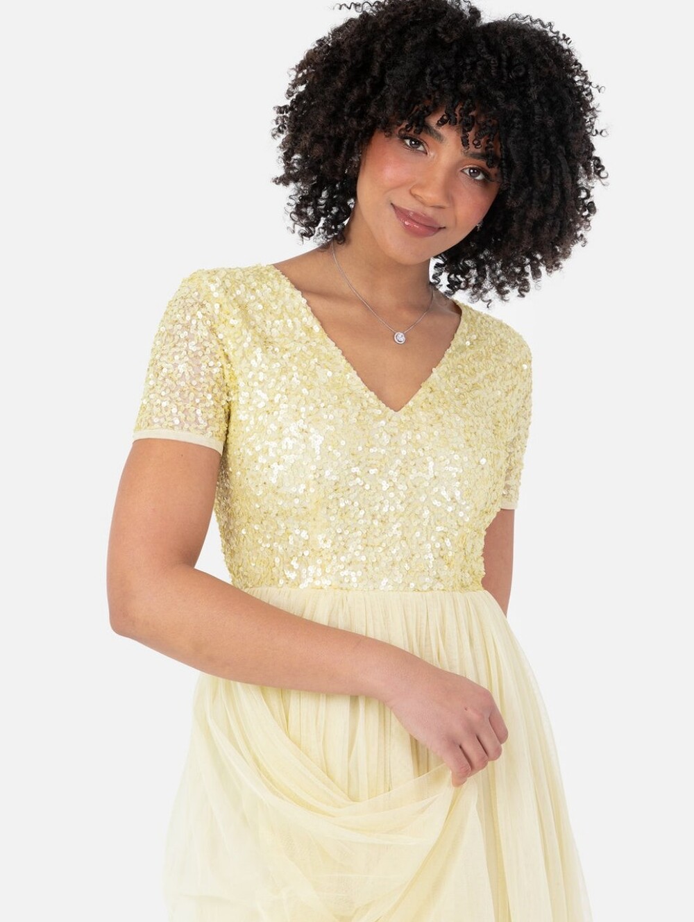 Maya Maternity Cap Sleeve Delicate Sequin Detail Tulle Maxi Dress in Lemon 10 - Picture 8 of 15
